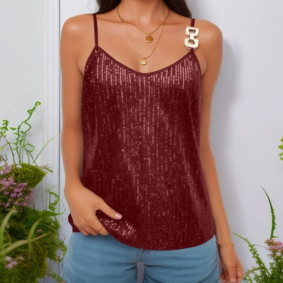 LYEAA Plus Size Tank Tops Sequin Spaghetti Strap Loose Summer Casual Party Cami Shirt Solid V Neck Sleeveless Breathable Fashion Ladies Pullover Shirts Red 2XL