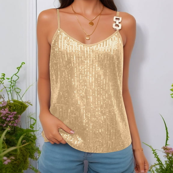 LYEAA Plus Size Tank Tops Sequin Spaghetti Strap Loose Summer Casual Party Cami Shirt Solid V Neck Sleeveless Breathable Fashion Ladies Pullover Shirts Yellow M
