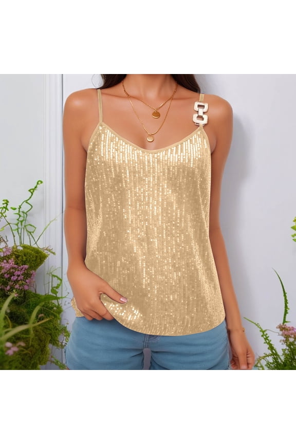 Plus Size Tank Tops Sequin Spaghetti Strap Loose Summer Casual Party Cami Shirt Solid V Neck Sleeveless Breathable Fashion Ladies Pullover Shirts Yellow M