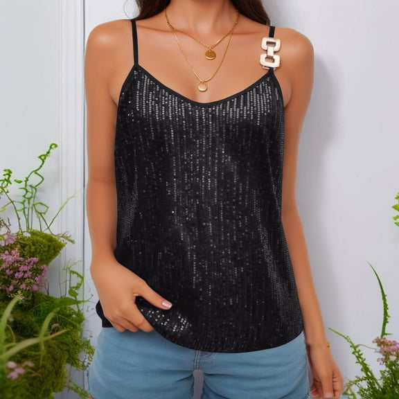 LYEAA Plus Size Tank Tops Sequin Spaghetti Strap Loose Summer Casual Party Cami Shirt Solid V Neck Sleeveless Breathable Fashion Ladies Pullover Shirts Black 2XL