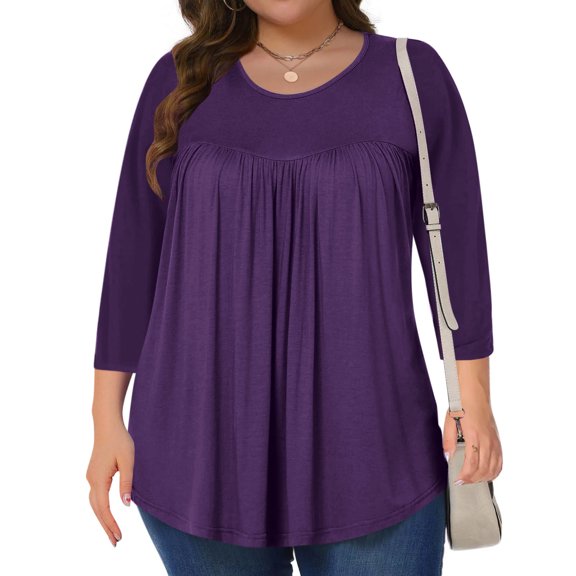 LYEAA Plus Size Women 3/4 Sleeve T-Shirts Euro Design Casual Round Neck Tops for Home Lounge, Soft Cotton Elastic Summer Shirts in Solid Colors Purple XXXL