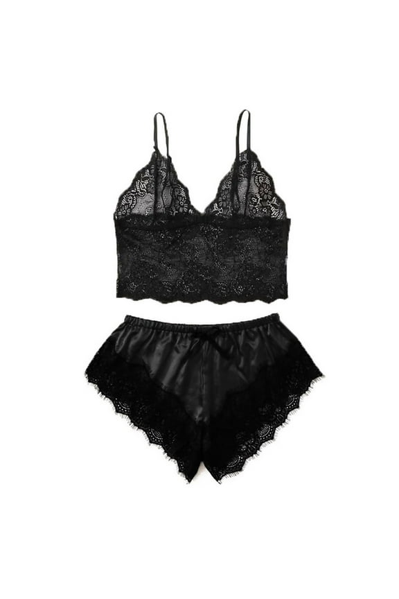 Plus Size Womens Pajamas Valentine's Day Two-piece Soft Silk Nightwear Set Lace V Neck Bras with Shorts Cozy Loungewear Ladies Solid Casual Sleepwear Sleepsuits Black L