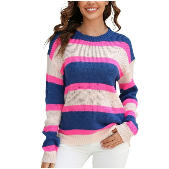 LYEAA Pullover Sweaters for Women Horizontal Striped Knitted Long Sleeve Round Neck Sweater Tops