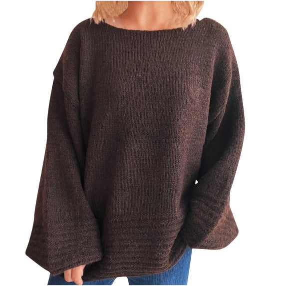 LYEAA Pullover Sweaters for Women Round Neck Knitted Loose Long Sleeved Solid Color Casual Sweater