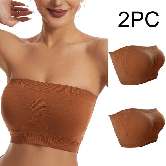 LYEAA Push up Bras for Women Wireless Bralette Pack of 2 Plus Size Padded Strapless Stretch Bandeau No Wire Solid Seamless Invisible Support Non-Slip Breathable Comfortable Soft Everyday Bra Brown S