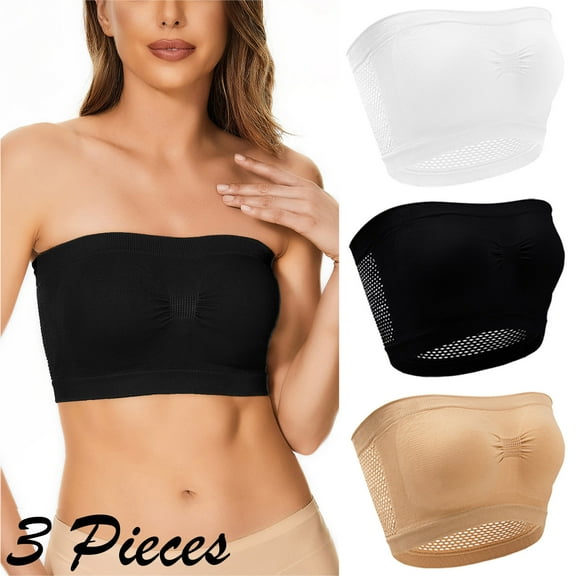 LYEAA Push up Bras for Women Wireless Pack of 3 Plus Size Padded Strapless Stretch Bandeau No Wire Solid Seamless Invisible Support Non-Slip Breathable Comfortable Soft Sleeping Everyday Bra Black S