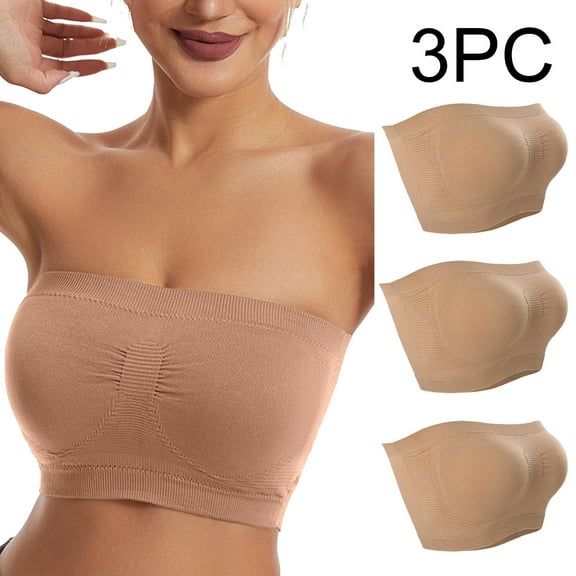 LYEAA Push up Bras for Women Wireless Seamless Pack of 3 Plus Size Padded Strapless Stretch Bandeau No Wire Solid Invisible Support Non-Slip Breathable Comfortable Soft Sleeping Everyday Bra Beige M