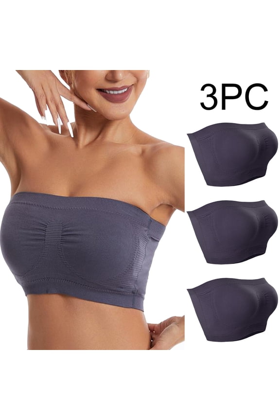 Push up Bras for Women Wireless Seamless Pack of 3 Plus Size Padded Strapless Stretch Bandeau No Wire Solid Invisible Support Non-Slip Breathable Comfortable Soft Sleeping Everyday Bra Gray XL