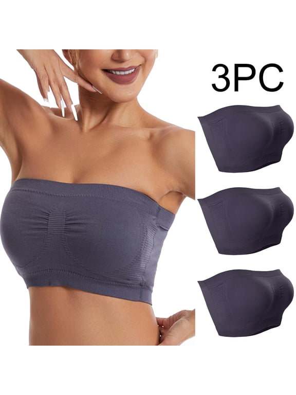 Push up Bras for Women Wireless Seamless Pack of 3 Plus Size Padded Strapless Stretch Bandeau No Wire Solid Invisible Support Breathable Comfortable Soft Sleeping Everyday Bra Gray M