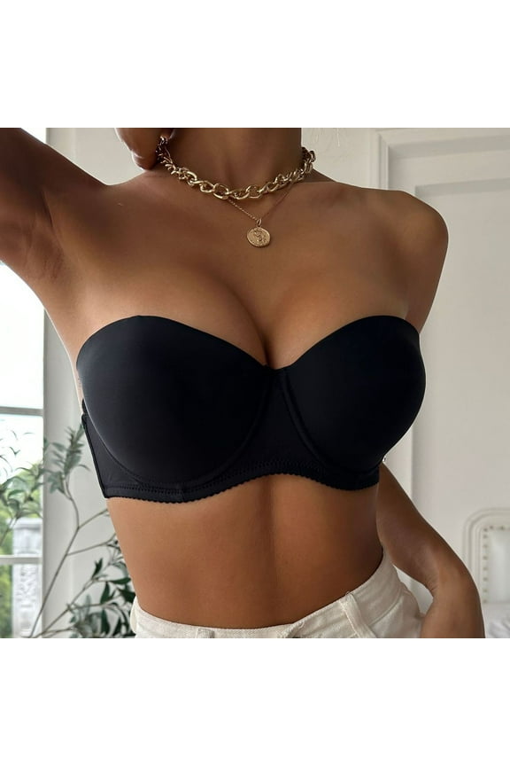 Push up Bras for Women Strapless Underwear Bra Solid Support Clear Back Non-Slip Breathable Comfortable Soft Sleeping Everyday Bra Black 75B