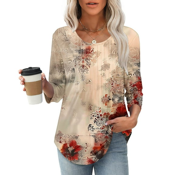 LYEAA Quality 3/4 Sleeve Women Shirts, Artistic Print Round Neck with Pleated Front, Loose Fit Cotton Blend Tops for Office Vacation Multicolor S