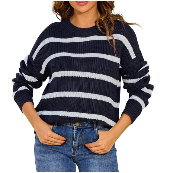 LYEAA Round Neck Sweater for Women Striped Patchwork Lightweight Pullover Long Sleeved Sweater Top