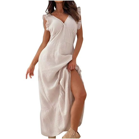 LYEAA Ruffle Dress Women Plus Size V Neck Sleeveless Flowy Elegant Long Dresses Solid Casual Dressy Loose Zipper Dresses Modest Vacation Dresses Beige S
