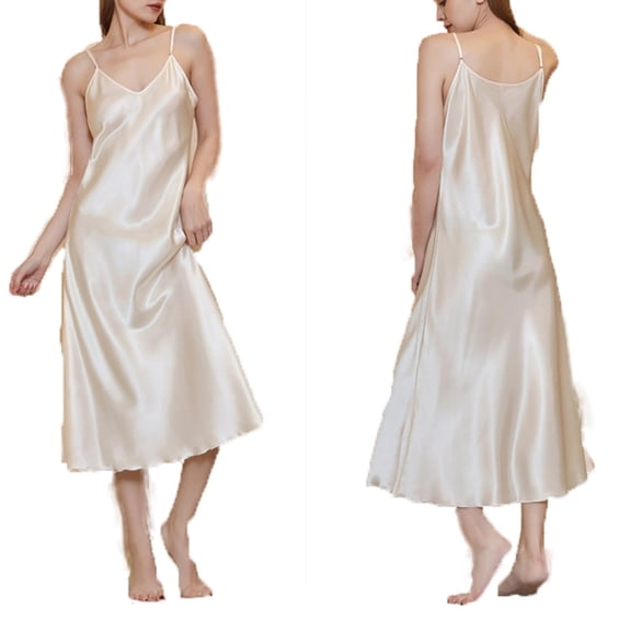 LYEAA Satin Nightgowns for Women Long Sleeveless Cozy Summer Sling Night Gowns Chemise Solid V Neck Loose Casual Soft Pajamas Sleepwear Loungewear Fashion Elegant Women's Nightdress Yellow M