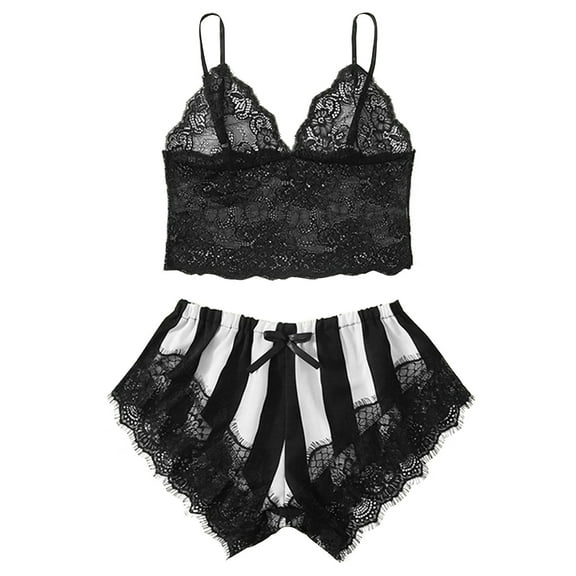 LYEAA Satin Pajamas for Women Set Short Valentine's Day Two Piece Soft Nightwear Lace V Neck Bras with Shorts Cozy Loungewear Ladies Solid Casual Sleepwear Sleepsuits Black L