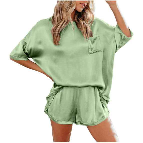 LYEAA Satin Pajamas for Women Shorts Set Valentine's Day Two-piece Soft Nightwear Short Sleeve Tops Cozy Loungewear Ladies Solid Loose Casual Sleepwear Sleepsuits Green M