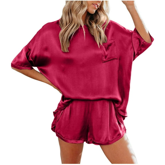 LYEAA Satin Pajamas for Women Shorts Set Valentine's Day Two-piece Soft Nightwear Short Sleeve Tops Cozy Loungewear Ladies Solid Loose Casual Sleepwear Sleepsuits Red XL