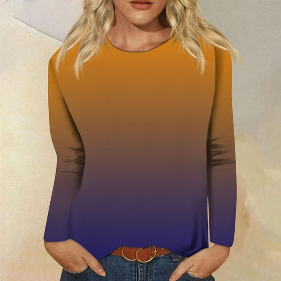 LYEAA Scoop Neck Long Sleeve Tops for Women Warm Shirts Stylish Gradient Winter Pullover Comfortable Dressy Casual Outfits Loose Lightweight Clothes Brown XXL