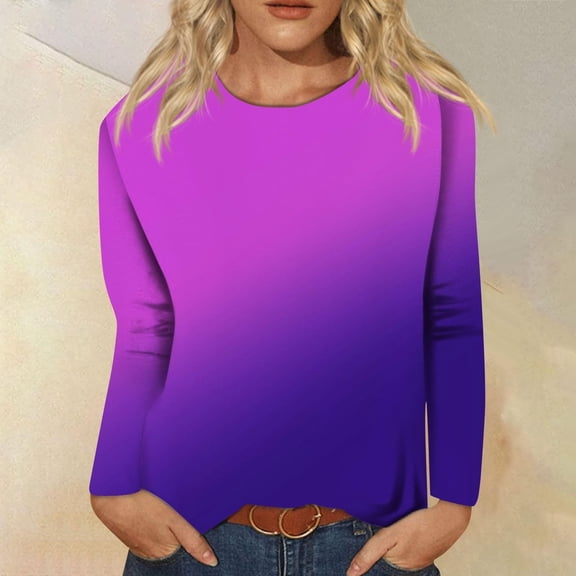 LYEAA Scoop Neck Long Sleeve Tops for Women Warm Shirts Stylish Gradient Winter Pullover Comfortable Dressy Casual Outfits Loose Lightweight Clothes Purple XL