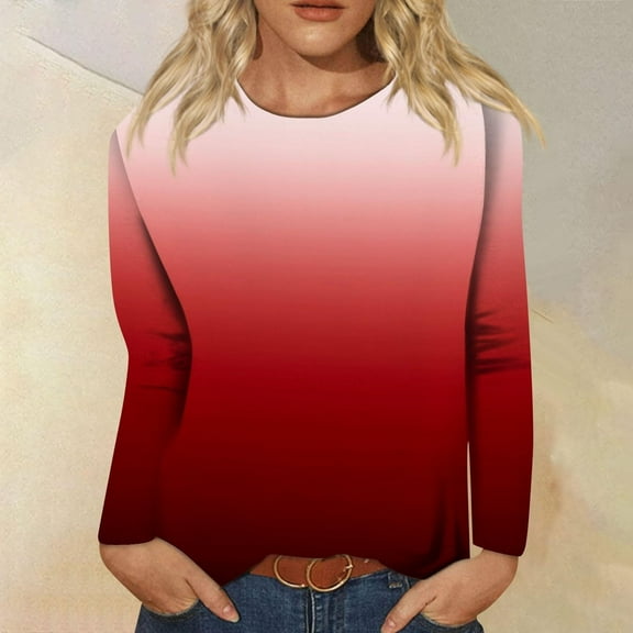 LYEAA Scoop Neck Long Sleeve Tops for Women Warm Shirts Stylish Gradient Winter Pullover Comfortable Dressy Casual Outfits Loose Lightweight Clothes Red S