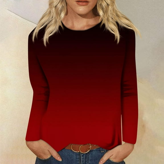 LYEAA Scoop Neck Long Sleeve Tops for Women Warm Shirts Stylish Gradient Winter Pullover Comfortable Dressy Casual Outfits Loose Lightweight Clothes Red M