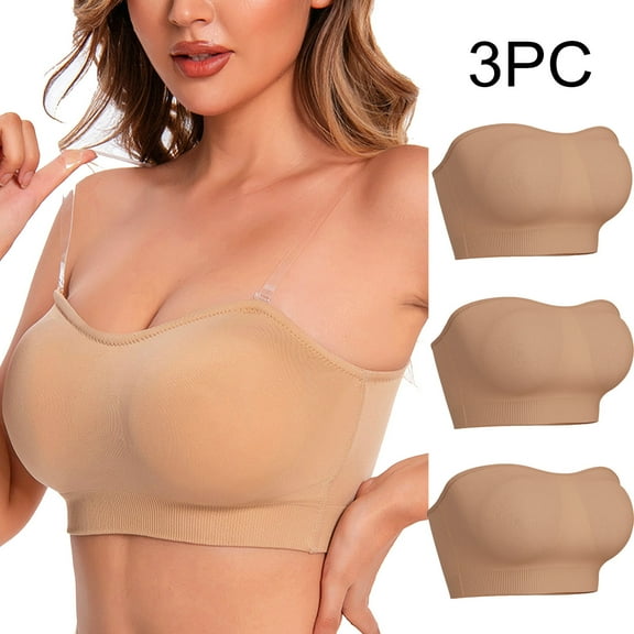 LYEAA Seamless Bras for Women Pack of 3 Wireless Plus Size Padded Strapless Convertible Stretch Push Up Bandeau Solid Invisible Support Clear Strap Breathable Comfortable Soft Everyday Bra Beige S