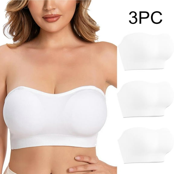 LYEAA Seamless Bras for Women Pack of 3 Wireless Plus Size Padded Strapless Convertible Stretch Push Up Bandeau Solid Invisible Support Clear Strap Breathable Comfortable Soft Everyday Bra White XL