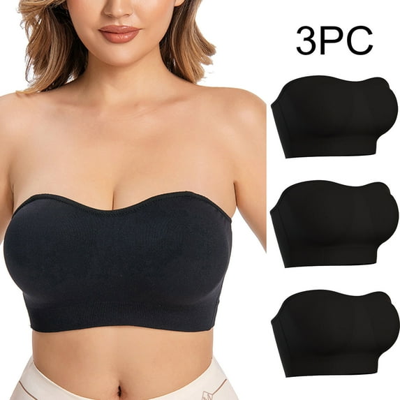 LYEAA Seamless Bras for Women Pack of 3 Wireless Plus Size Padded Strapless Convertible Stretch Push Up Bandeau Solid Invisible Support Clear Strap Breathable Comfortable Soft Everyday Bra Black S