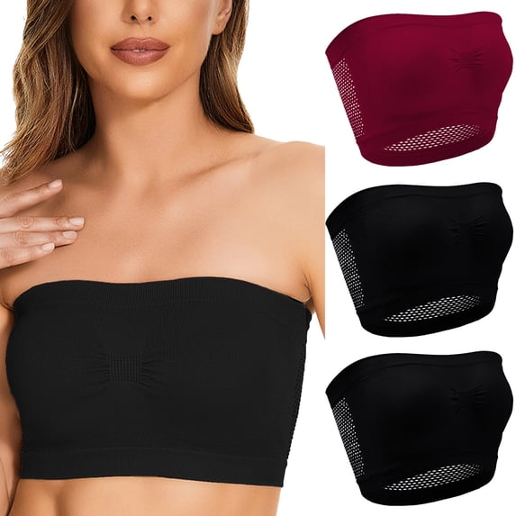 LYEAA Seamless Bras for Women Pack of 3 Wireless Plus Size Padded Strapless Stretch Push Up Bandeau No Wire Solid Invisible Support Non-Slip Breathable Comfortable Soft Sleeping Everyday Bra Red XL