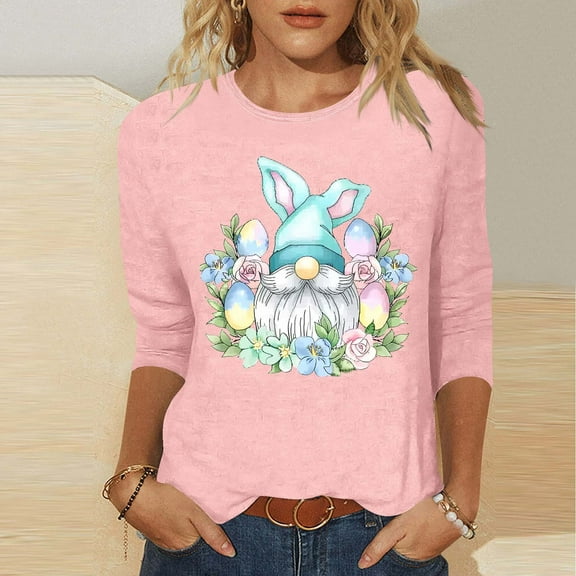 LYEAA Seasonal Design 3/4 Sleeve T-Shirt Women Easter Bunny Print Round Neck Loose Fit Cotton Top Spring Casual Holiday Clothing Pink L