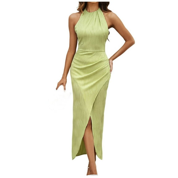 LYEAA Semi Formal Dresses for Women Evening Party Crew Neck Sleeveless Ruched Slit Elegant Ball Gown Long Dresses Solid Casual Dressy Backless Fitted Zipper Dresses Comfort Holiday Dresses Green L