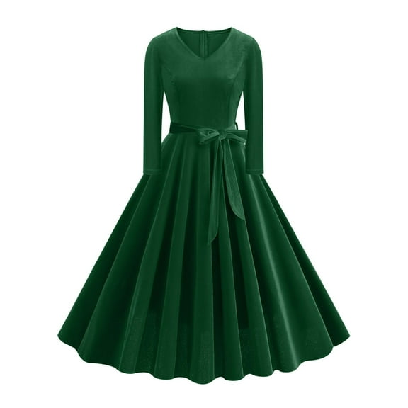 LYEAA Semi Formal Dresses for Women Long Sleeve Midi Dress Flowy Elegant Homecoming Dress A-line Solid Color Belted Dress 1950s Vintage Holiday Party Dress Ball Gown Wedding Guest Dress Green XXL