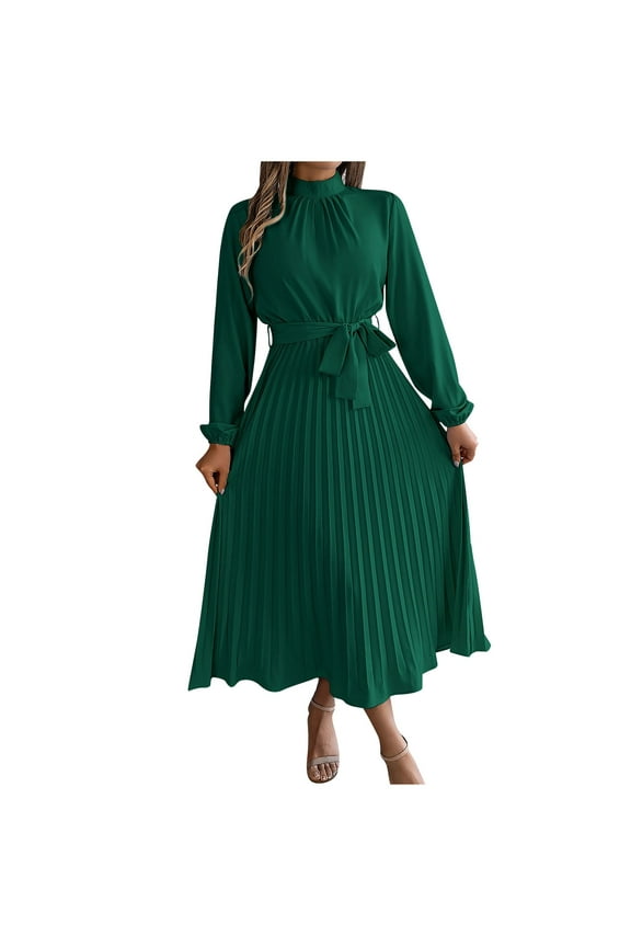 Semi Formal Dresses for Women Wedding Guest Long Sleeve Long Dress Wrap Flowy Elegant Homecoming Dress Solid Color Belted Dress Fashion Holiday Party Dress Pleated Ball Gown Green XL