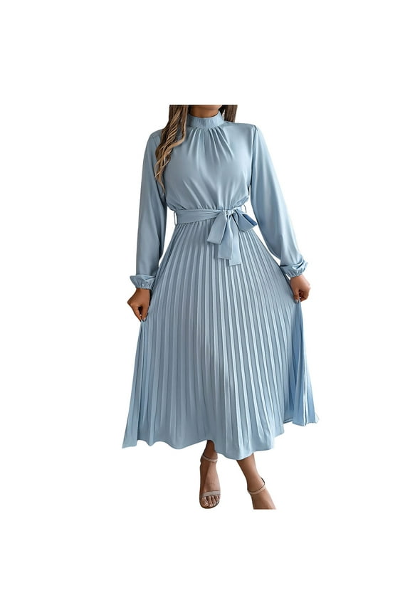 Semi Formal Dresses for Women Wedding Guest Long Sleeve Long Dress Wrap Flowy Elegant Homecoming Dress Solid Color Belted Dress Fashion Holiday Party Dress Pleated Ball Gown Blue L
