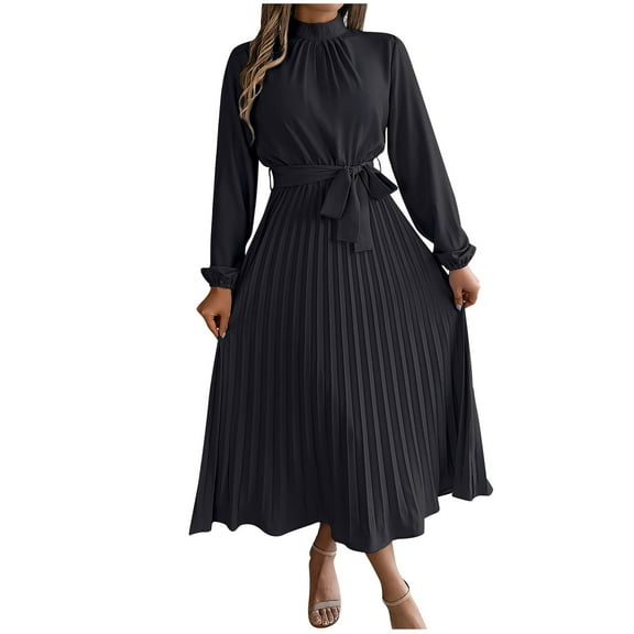LYEAA Semi Formal Dresses for Women Wedding Guest Long Sleeve Long Dress Wrap Flowy Elegant Homecoming Dress Solid Color Belted Dress Fashion Holiday Party Dress Pleated Ball Gown Black XL