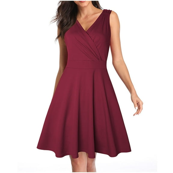 LYEAA Semi Formal Dresses for Women Wedding Guest Sleeveless Plus Size Elegant Loose Midi A Line Dresses V Neck Solid Fashion Birthday Zipper Flowy Summer Party Dresses Red L