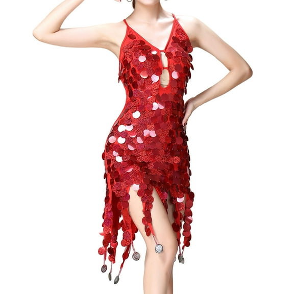 LYEAA Sequin Dress for Women Party Night Sleeveless V Neck Glittery Mini Dress Backless Elegant Dress Bodycon Solid Color Dress Slip Dress Holiday Dress Stretchy Ball Gown Dress Red Free Size