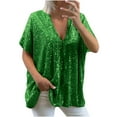 thumbnail image 1 of LYEAA Sequin Shirts for Women Plus Size Short Sleeve V Neck Solid Color Loose T-Shirts Casual Dressy Comfort Fashion Pullover Tops Green L, 1 of 5