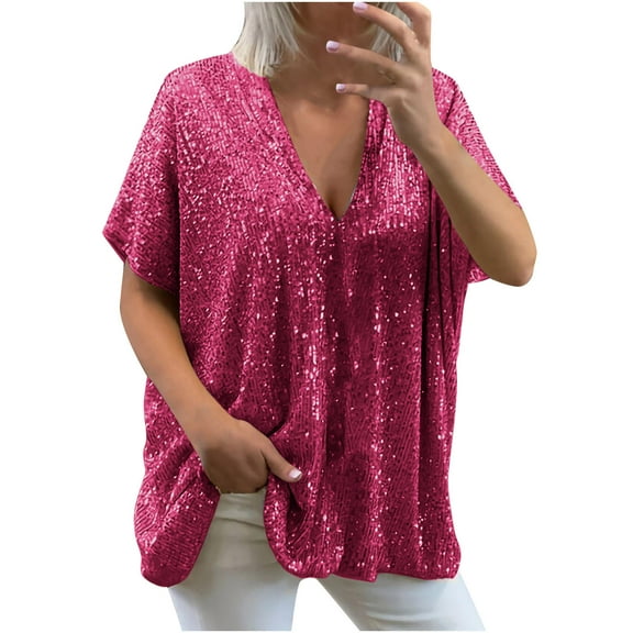 LYEAA Sequin Shirts for Women Plus Size Short Sleeve V Neck Solid Color Loose T-Shirts Casual Dressy Comfort Fashion Pullover Tops Pink L