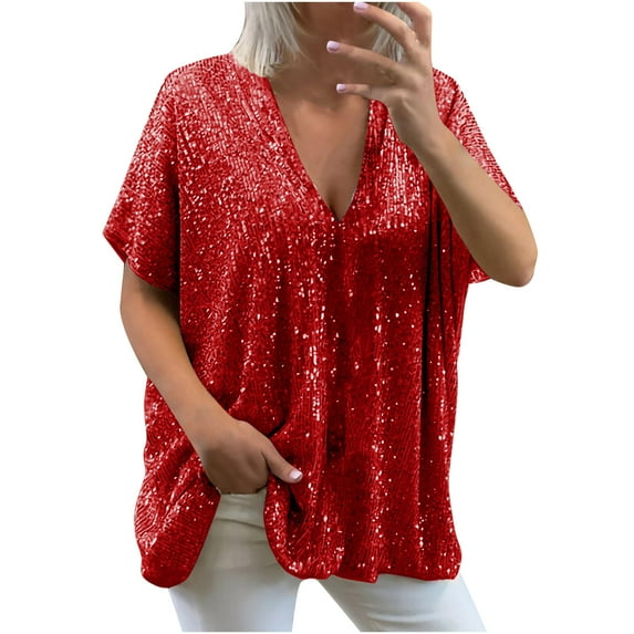 LYEAA Sequin Shirts for Women Plus Size Short Sleeve V Neck Solid Color Loose T-Shirts Casual Dressy Comfort Fashion Pullover Tops Red 2XL