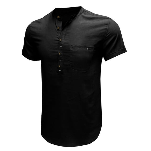 LYEAA Short Sleeve Shirts for Men Casual Five Buttons Crew Neck Cotton Linen Fitted Summer Pullover T-shirts Solid Soft Comfortable Breathable Men's Tops Black S