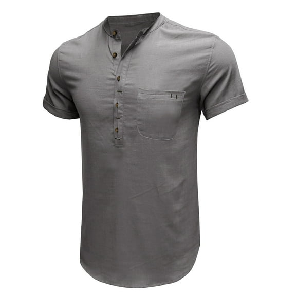 LYEAA Short Sleeve Shirts for Men Casual Five Buttons Crew Neck Cotton Linen Fitted Summer Pullover T-shirts Solid Soft Comfortable Breathable Men's Tops Gray L