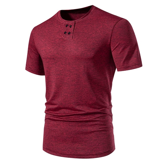 LYEAA Short Sleeve Shirts for Men Four Buttons Crew Neck Loose Summer Pullover T-shirts Solid Casual Soft Comfortable Breathable Men's Tops Red M
