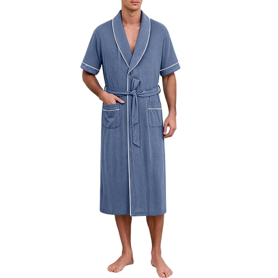 LYEAA Shower Robe for Men Shawl Collar Bathrobes Belted Pocketed Soft Short Sleeves Sleepwear for Shower Pool Home Spa Use Blue L