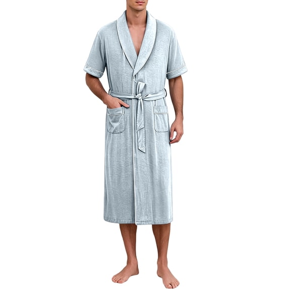 LYEAA Shower Robe for Men Shawl Collar Bathrobes Belted Pocketed Soft Short Sleeves Sleepwear for Shower Pool Home Spa Use Mint Green L