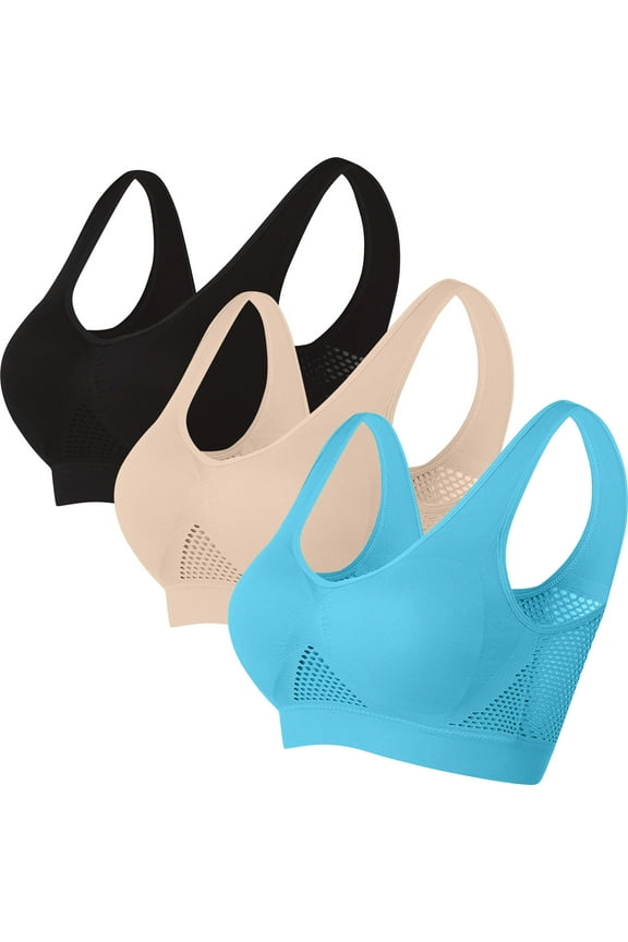Sleep Bras for Women Plus Size Pull on 3 Pack Support Wirefree Cool thin Sport Yoga Bra Solid Stretch Fitness Workout Bra Full Cup Comfort T-Shirt Bra Pullover Breathable Bras Multicolor XL