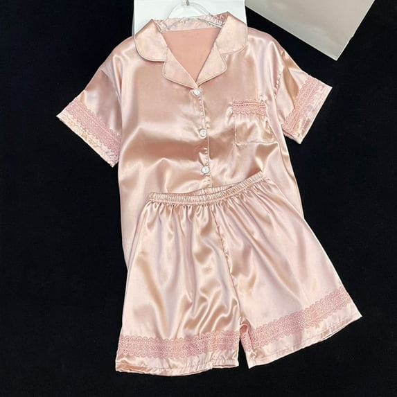LYEAA Sleepwear for Women Shorts Set Valentine's Day Two Piece Soft Ice Silk Nightwear Lace Short Sleeve Shirts Cozy Button Loungewear Ladies Solid Loose Casual Pajamas Sleepsuits Pink L