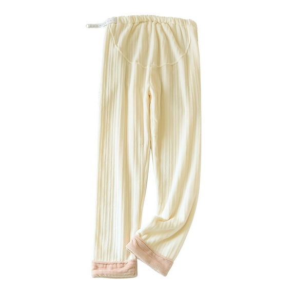 LYEAA Soft Pajama Pants for Women Fuzzy Flannel Warm Winter Adjustable waist Home Pregnancy Loungewear Causal Loose Solid Long Sleep Pants Thick Comfortable Sleepwear Bottoms Beige M
