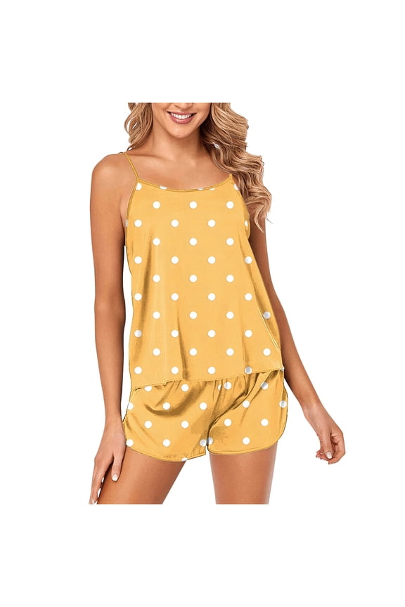 Soft Pajamas for Women Plus Size Valentine's Day Two-piece Nightwear Set Sling Tops with Shorts Cozy Loungewear Ladies Solid Loose Casual Sleepwear Sleepsuits Yellow M