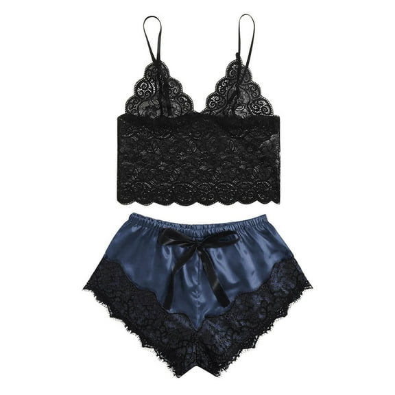 LYEAA Soft Pajamas for Women Set Valentine's Day Two-piece Satin Nightwear Lace V Neck Bras with Shorts Cozy Loungewear Ladies Solid Casual Sleepwear Sleepsuits Blue M